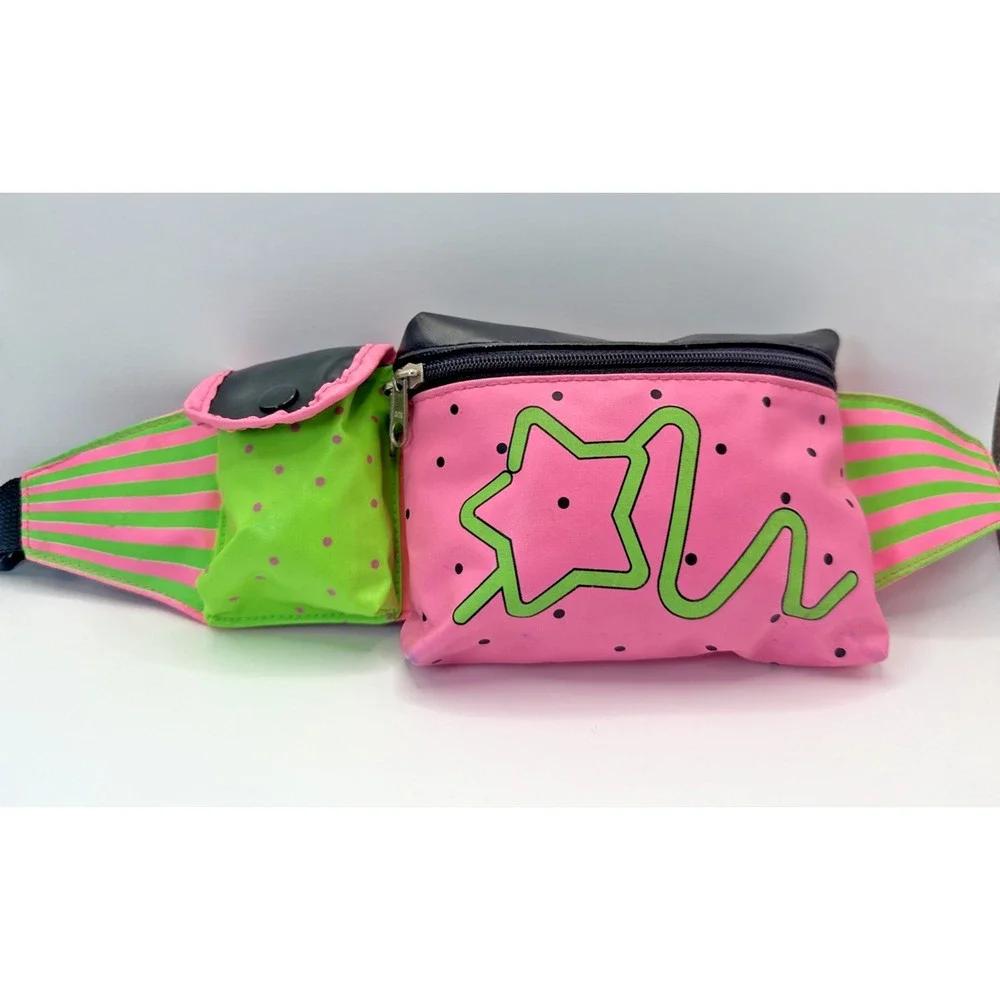Vintage 1990s Girls Neon Pink Green Star Belt Bag Fanny Pack Youth Kids CDI